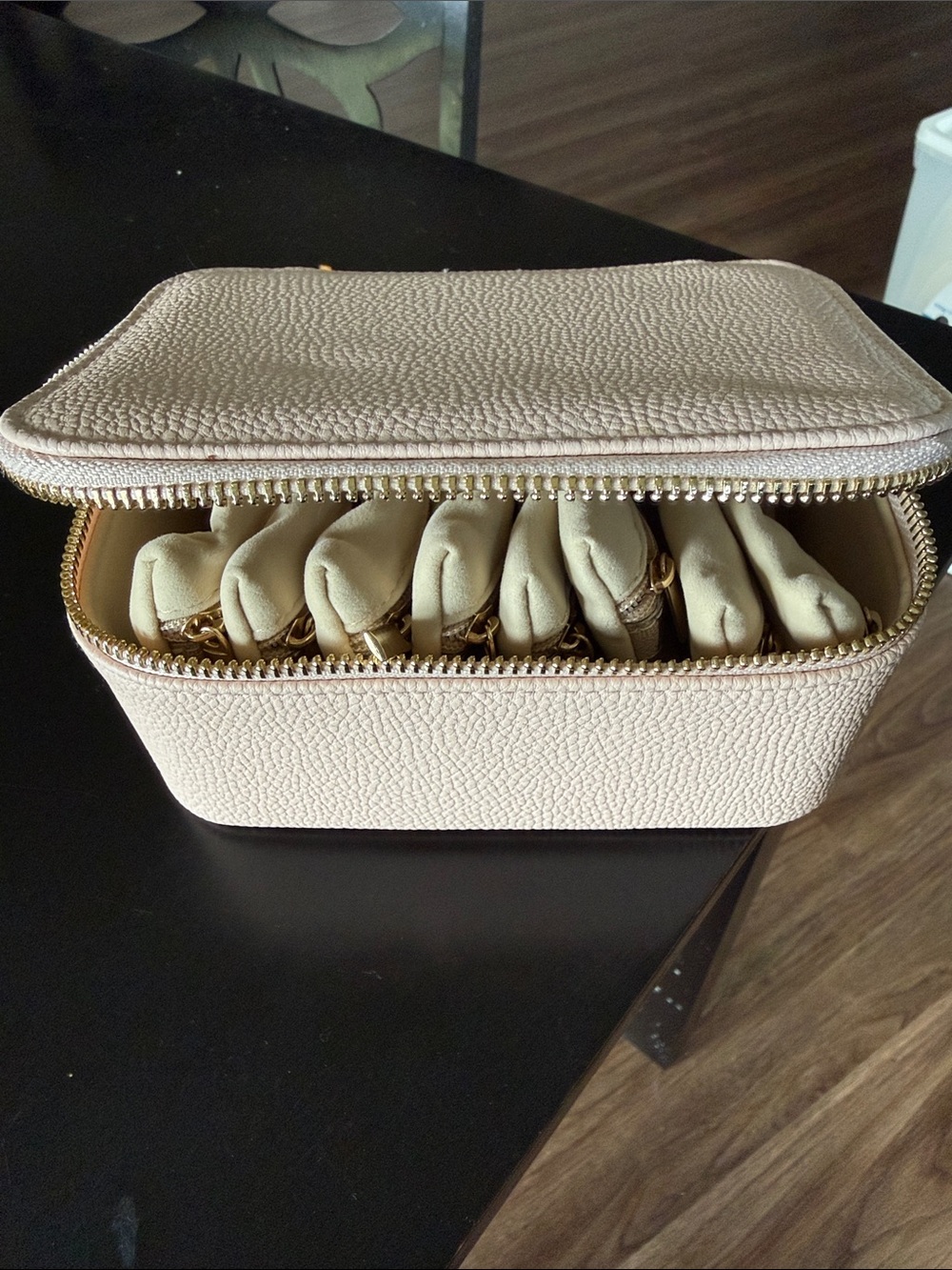 Beige Textured Leatherette Travel Jewelry Case